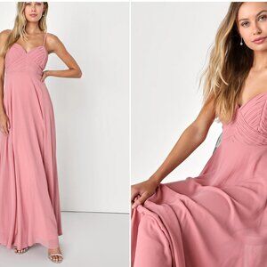 NWT Lulus Ultimate Elegance Rose Pink Pleated Blackless Maxi Dress Size L
